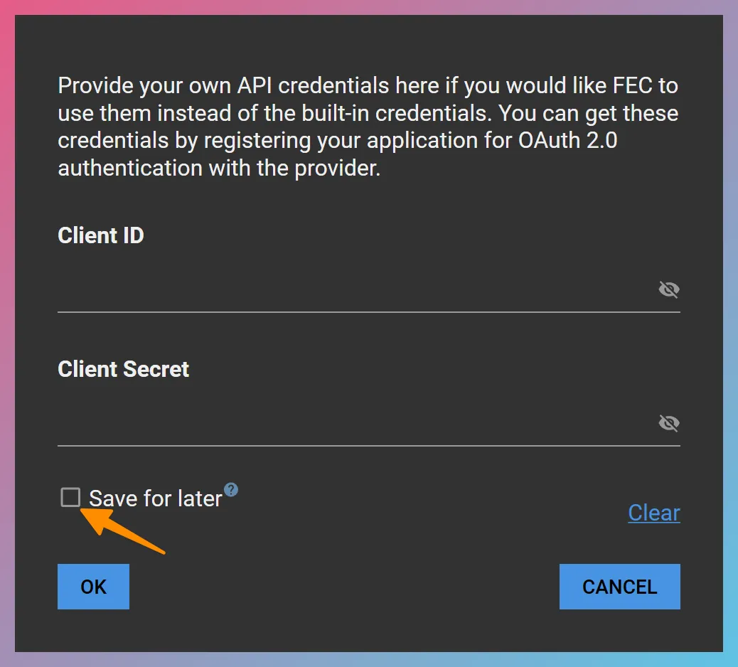 FEC Custom Google API Credential Window