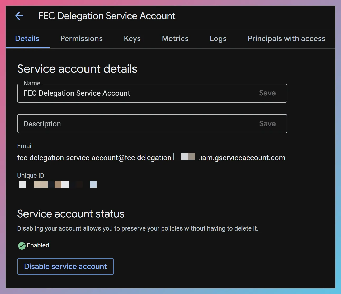 Service Account Details